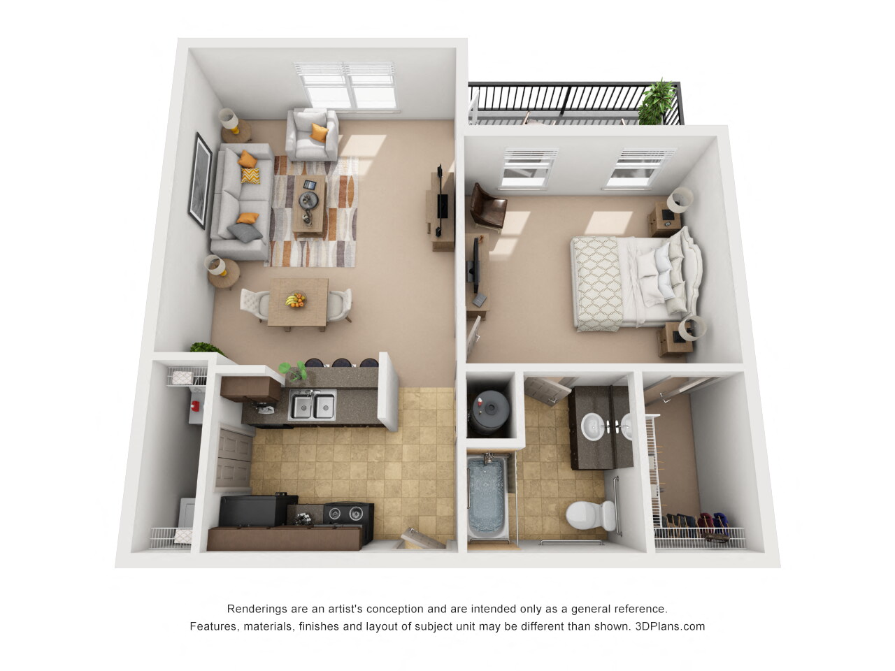 Floor plan for 1 bed, 1 bath, 744 sqft